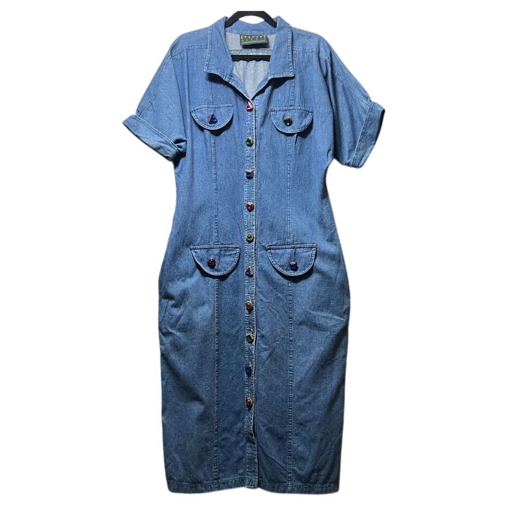 Spencer Alexis Vintage 90s Large Denim Button Down Maxi Shirt Dress Safari Style